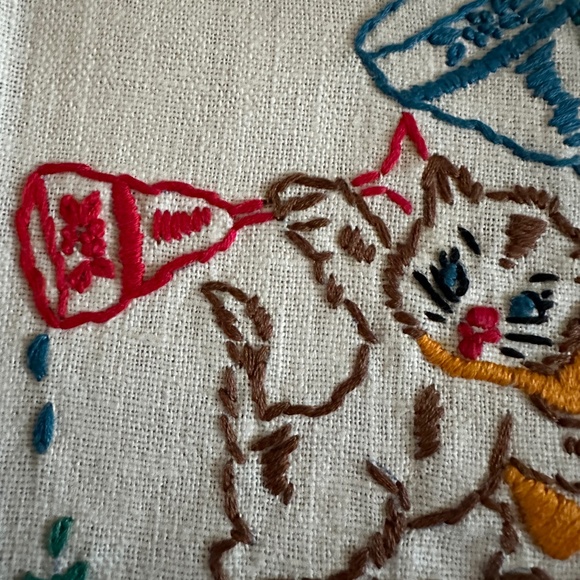 Vintage Embroidered Linen Tea Towel 1950 Cat Dog - Picture 5 of 12